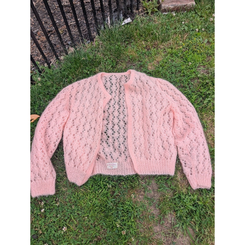 VTG Handmade Pink Mohair Knit Cardigan Open Front Pointelle Lace Fluffy Sweater